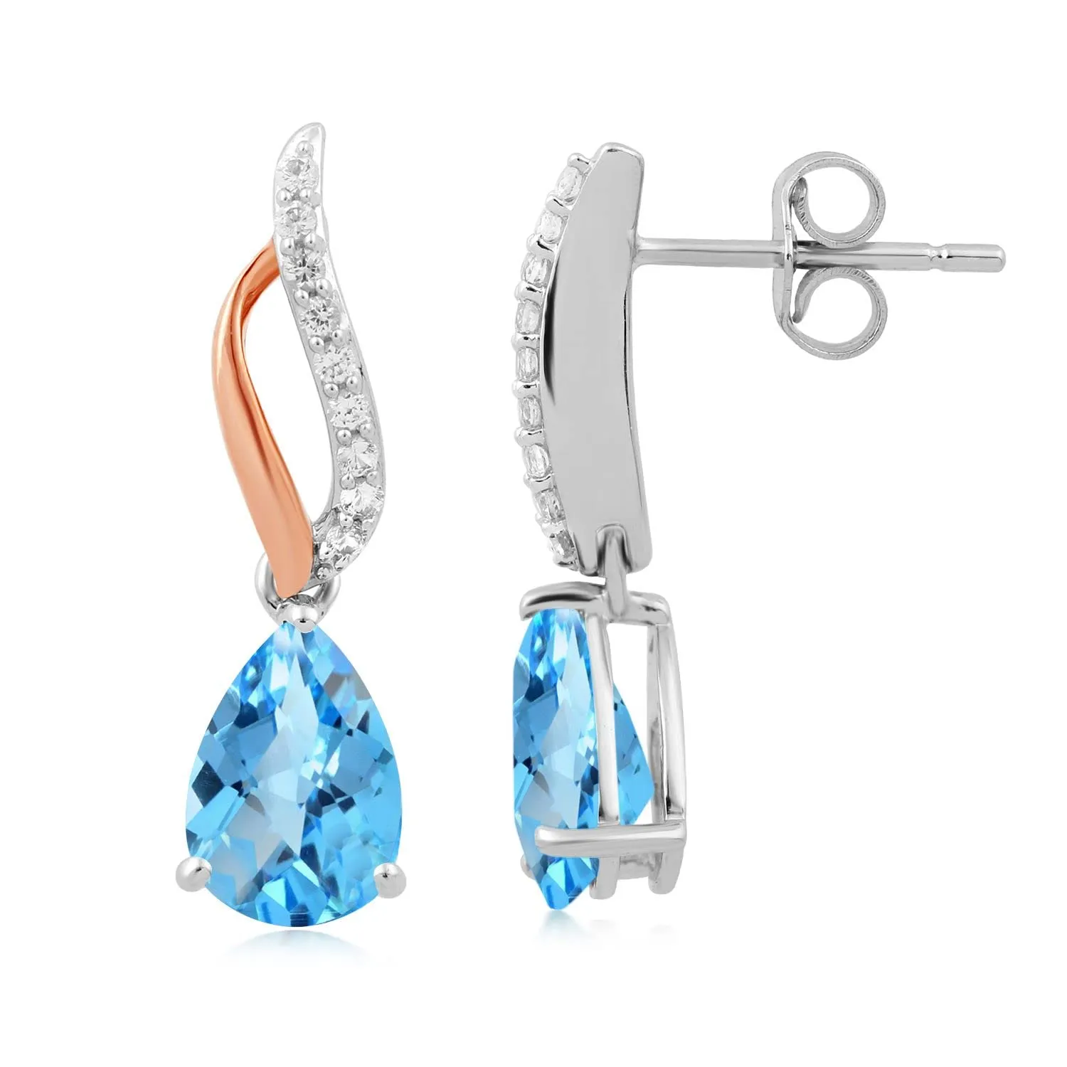 Jewelili Rose Gold Over Sterling Silver With Swiss Blue Topaz and Created White Sapphire Teardrop Drop Earrings