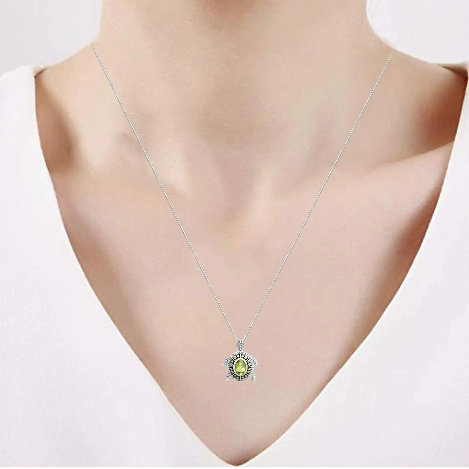 Jewelili Sterling Silver With Oval Shape Peridot and Round Created White Sapphire Turtle Pendant Necklace