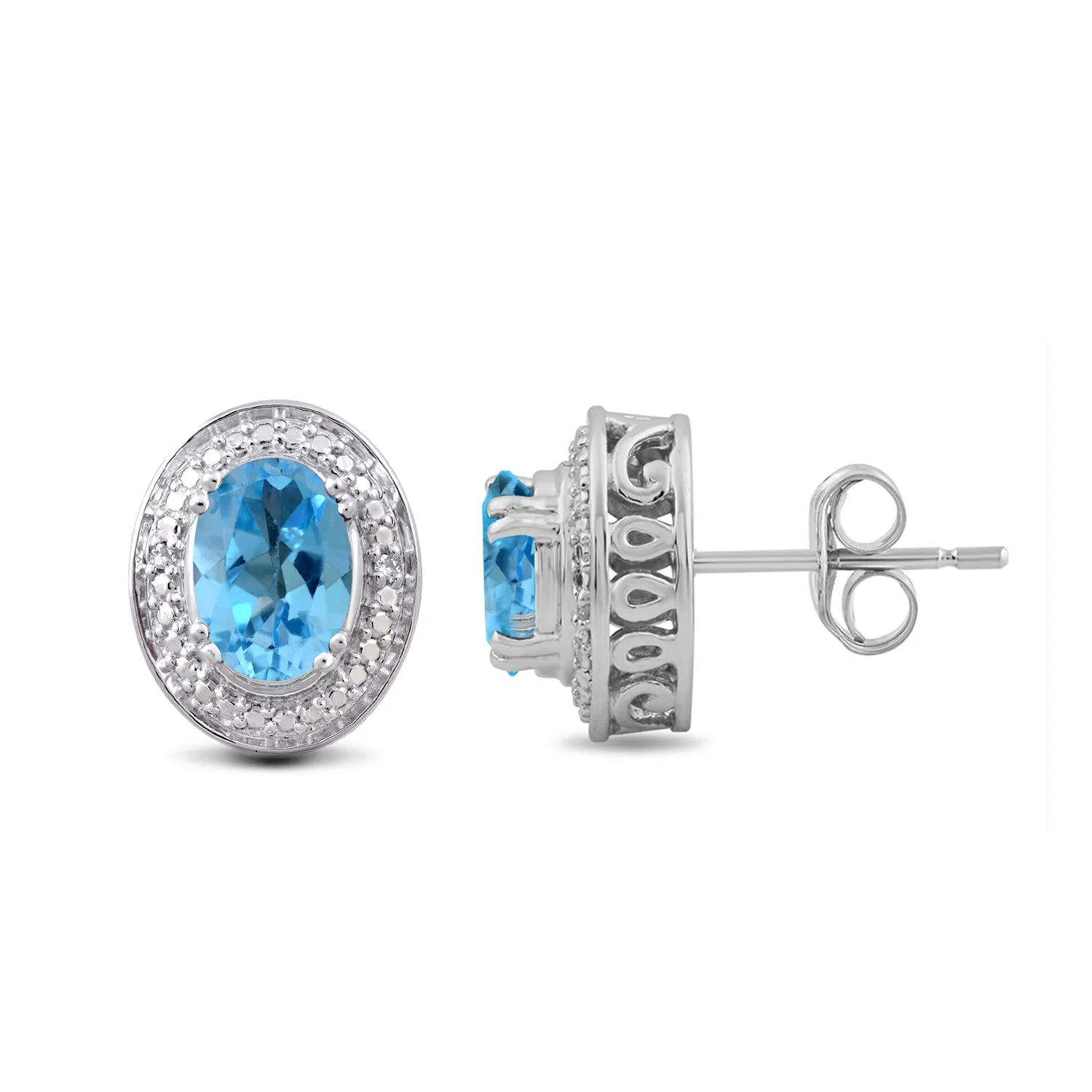 Jewelili Sterling Silver with Oval Shape Swiss Blue Topaz and Natural White Round Diamonds Stud Earrings