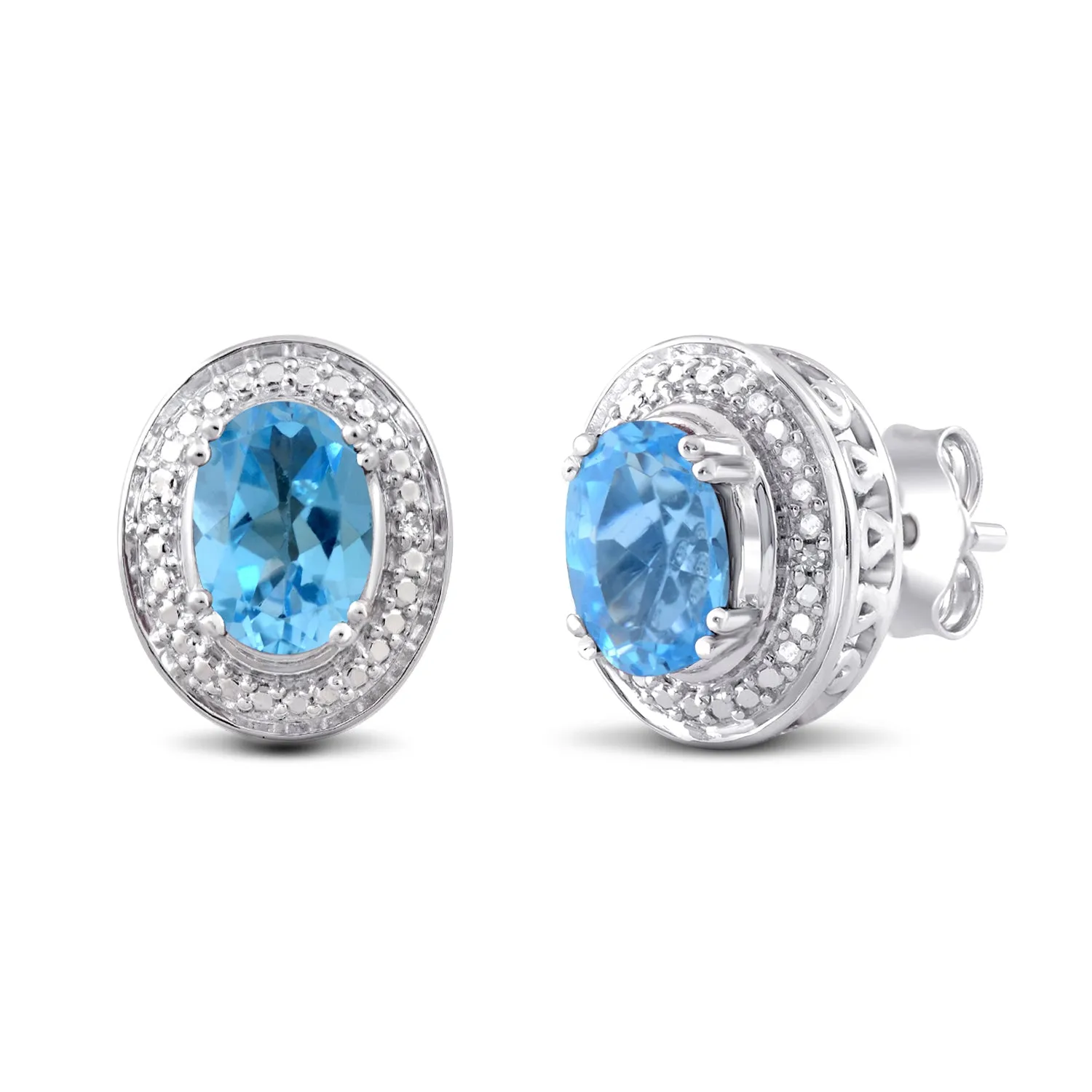 Jewelili Sterling Silver with Oval Shape Swiss Blue Topaz and Natural White Round Diamonds Stud Earrings