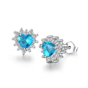 Jewelry Trends Sterling Silver Blue CZ Crystal Heart Stud Earrings with Clear CZ Crystals Prom Jewelry