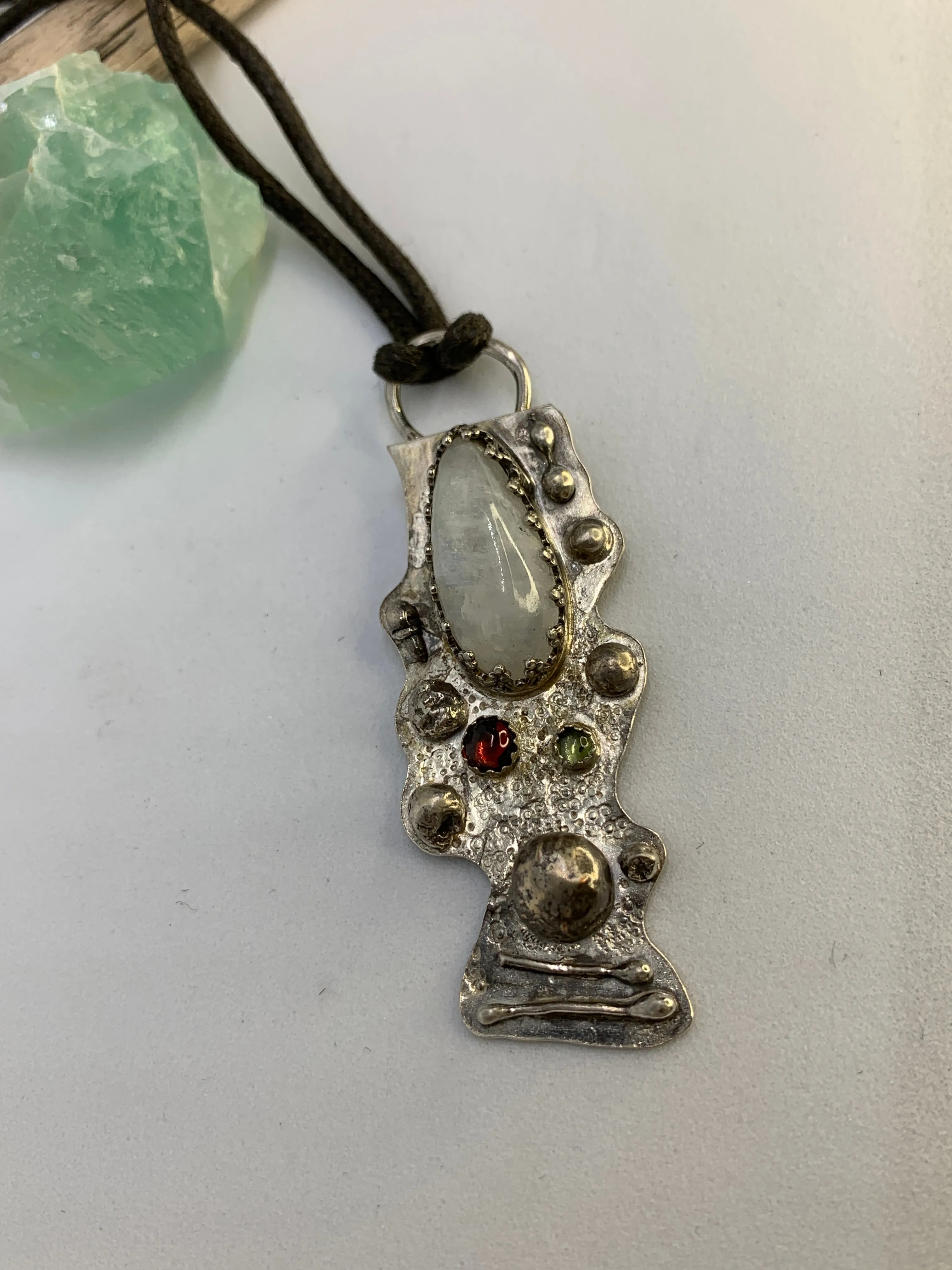 Large Abstract Geometric Garnet Peridot and Moonstone Sterling Silver Pendant