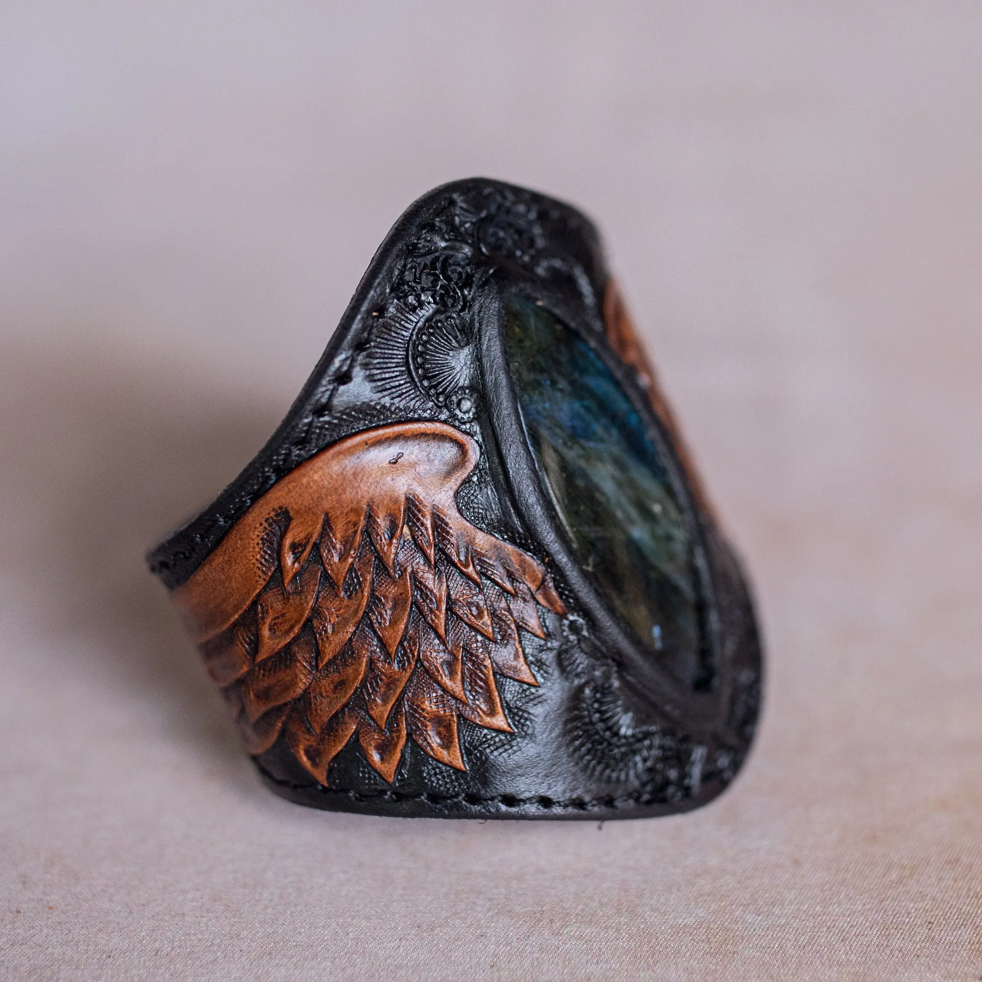 Large Black Bay Guardian Wings Cuff with Labradorite