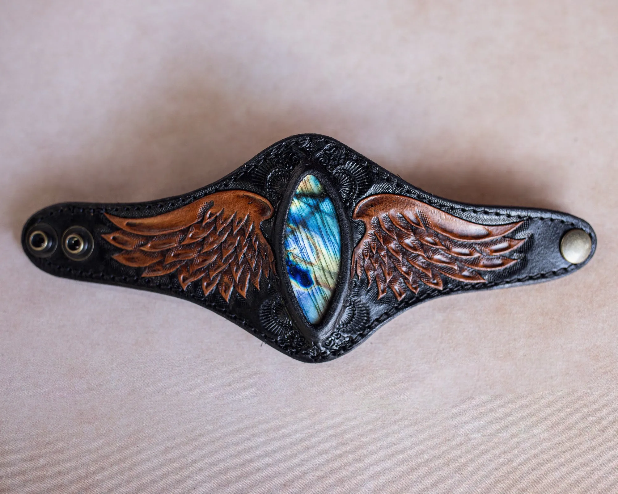 Large Black Bay Guardian Wings Cuff with Labradorite