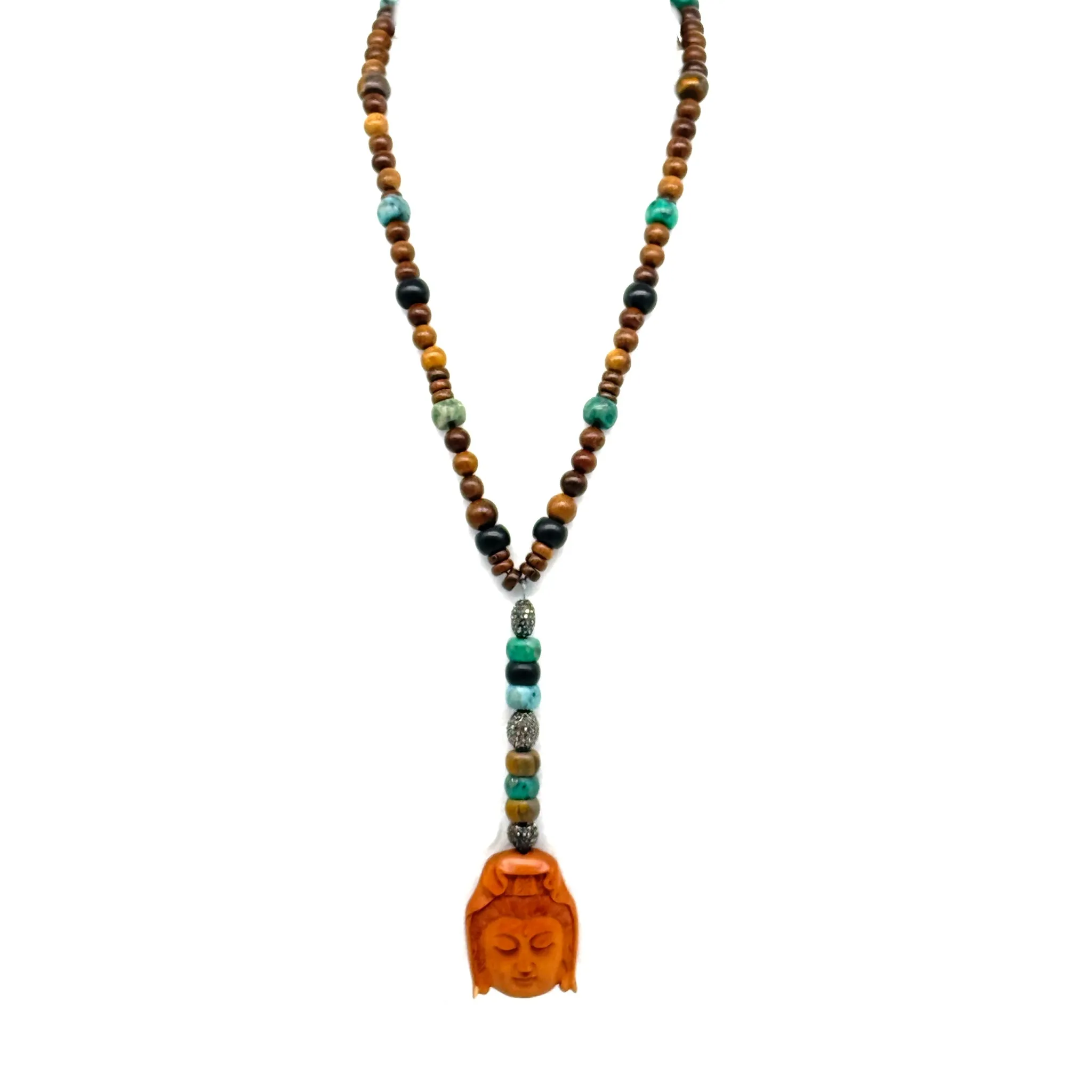 Lariat Style Wood Bead Turquoise Rhinestone Buddha Necklace