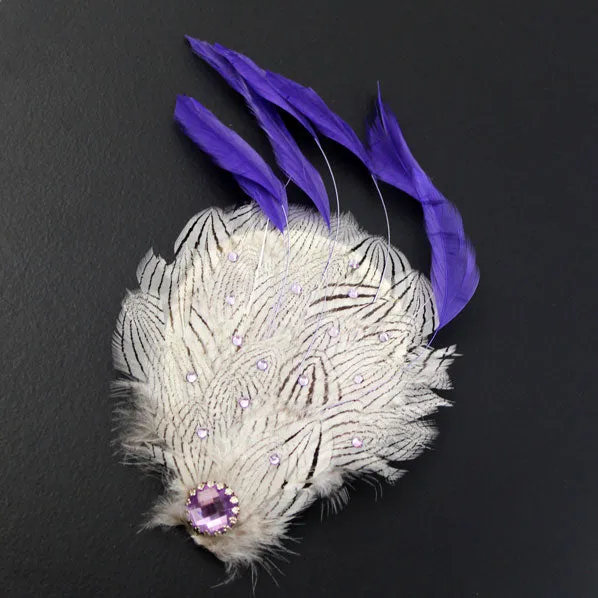 Layered White & Royal Blue Feather Hair Barrette Clip with Rhinestones