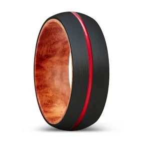 LEOPARD | Red Burl Wood, Black Tungsten Ring, Red Groove, Domed