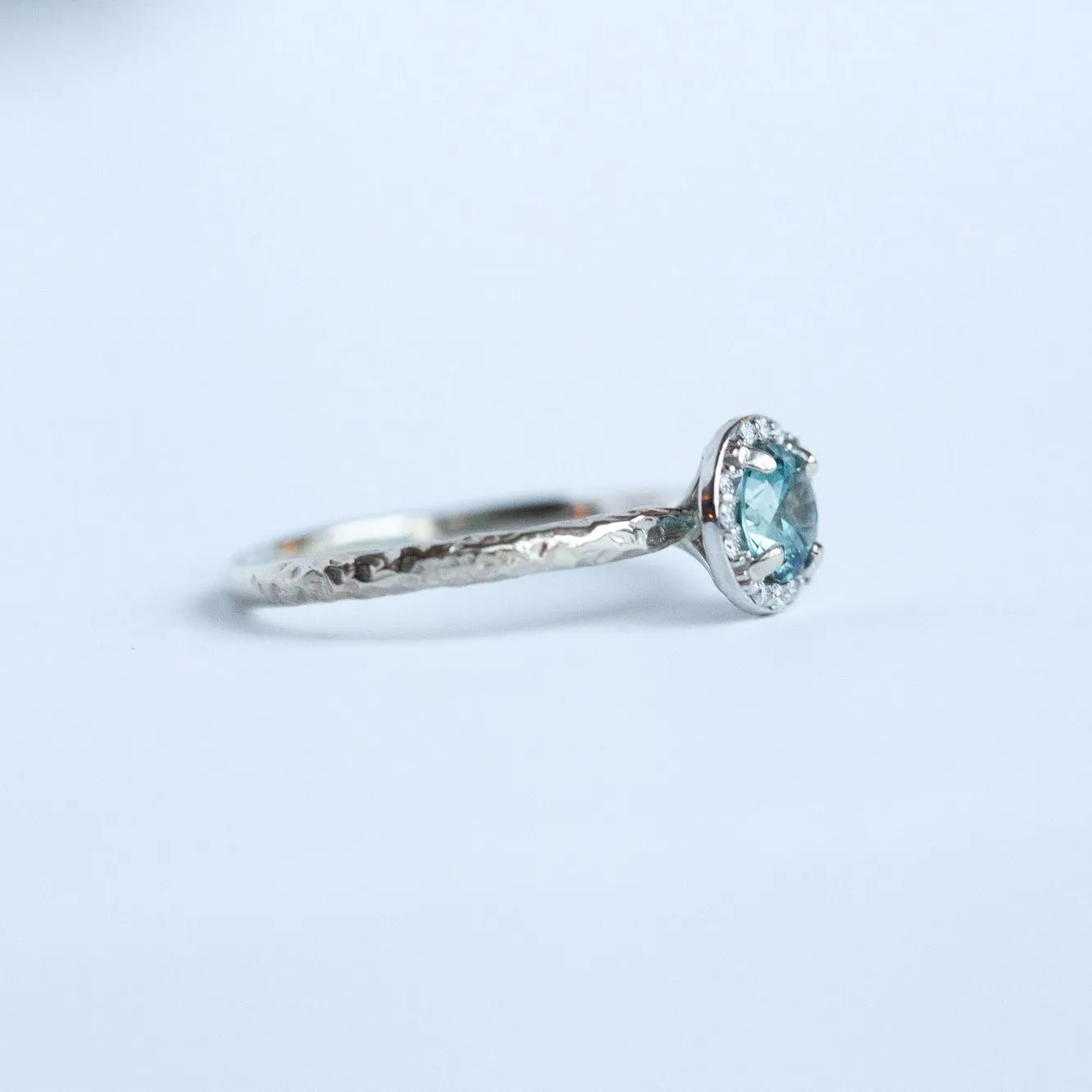 Light Teal Montana Sapphire in White Gold Diamond Halo - Hand Carved Eclectic Band and Antique-inspired setting - Sapphire Engagement Ring by Anueva Jewelry