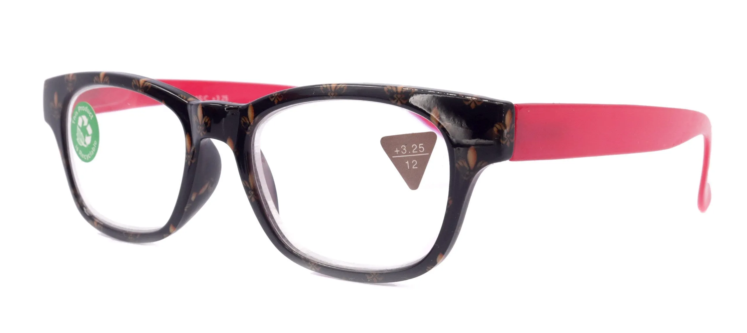 Lilly, (Premium) Reading Glasses (Fleur De Lis)  1 ..  3 Magnifying, Fashion Square Optical Frame. (Red, Gold, Black) NY Fifth Avenue.