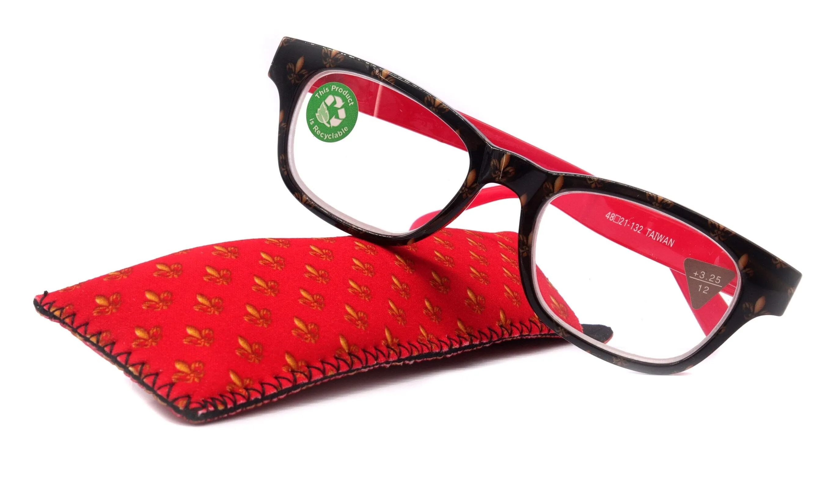 Lilly, (Premium) Reading Glasses (Fleur De Lis)  1 ..  3 Magnifying, Fashion Square Optical Frame. (Red, Gold, Black) NY Fifth Avenue.