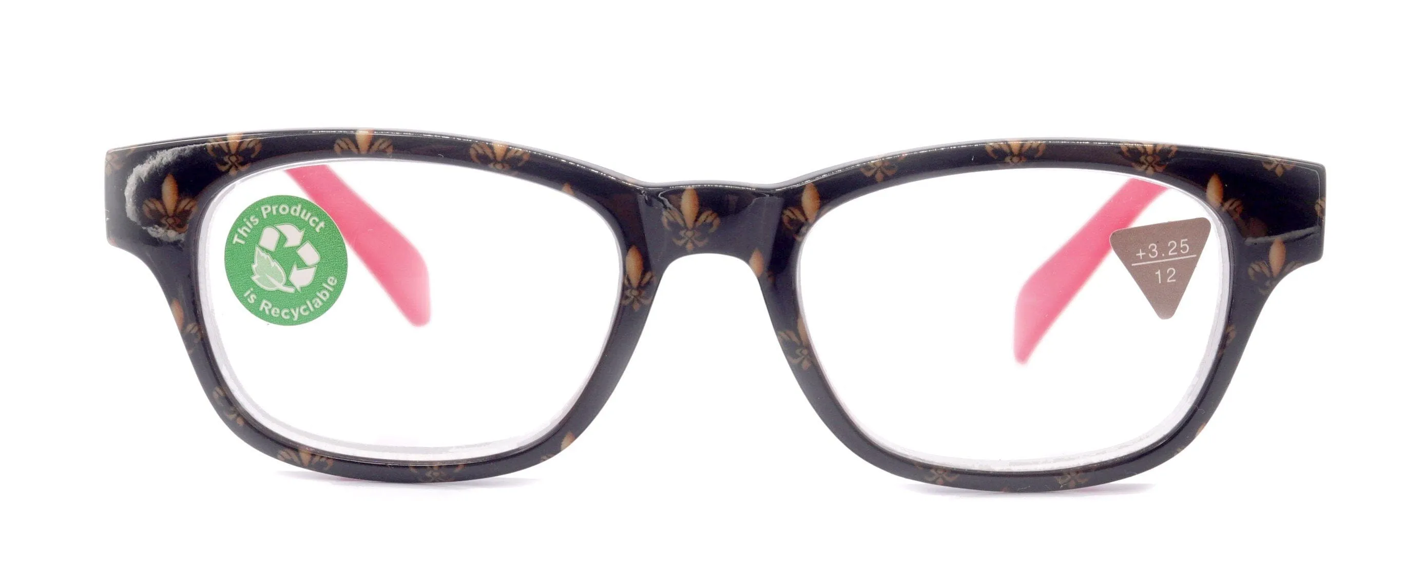 Lilly, (Premium) Reading Glasses (Fleur De Lis)  1 ..  3 Magnifying, Fashion Square Optical Frame. (Red, Gold, Black) NY Fifth Avenue.