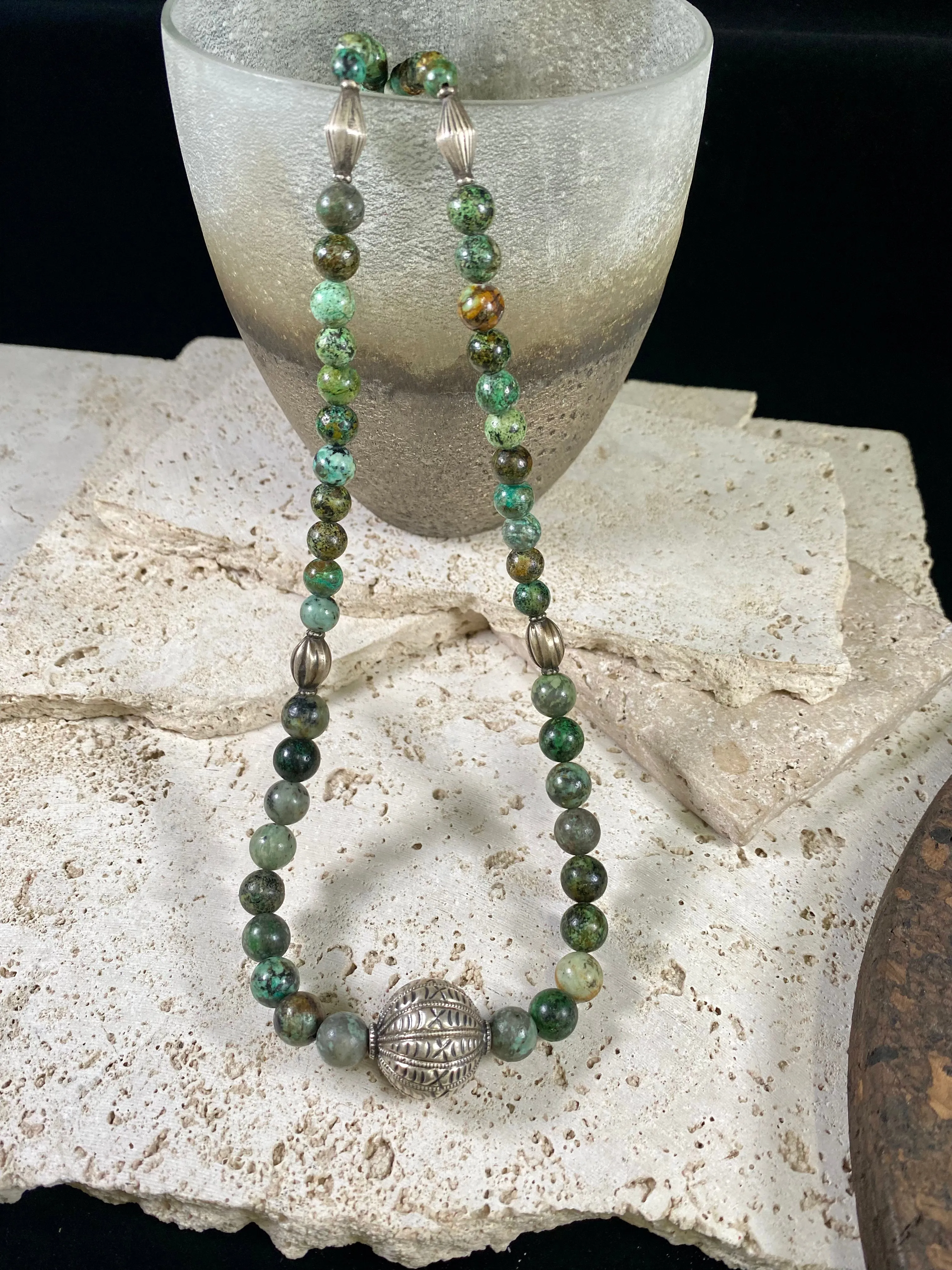 Long African Turquoise Silver Bead Necklace