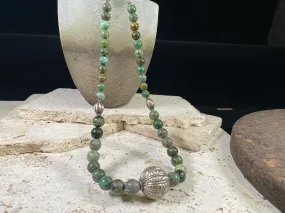 Long African Turquoise Silver Bead Necklace