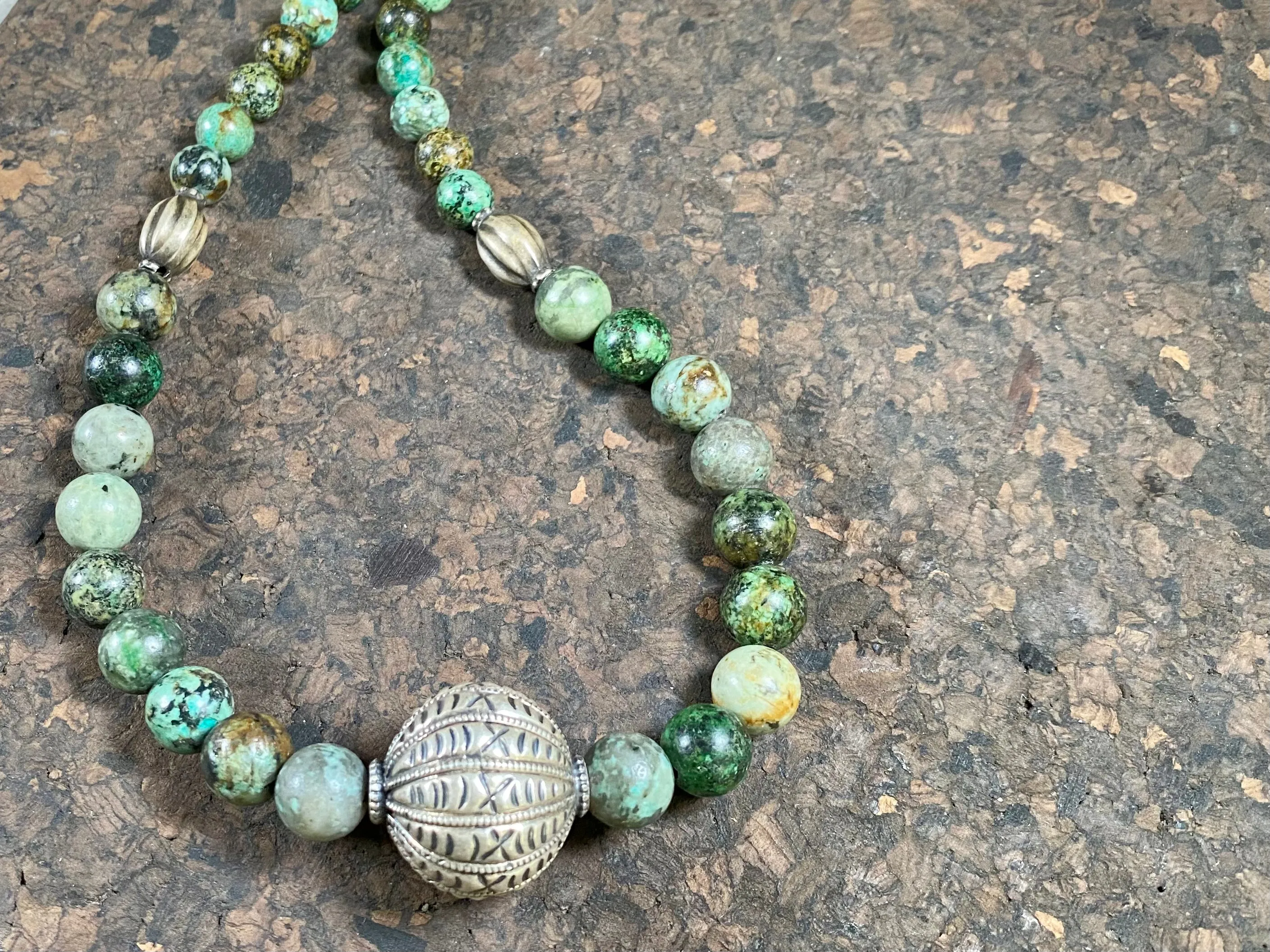 Long African Turquoise Silver Bead Necklace