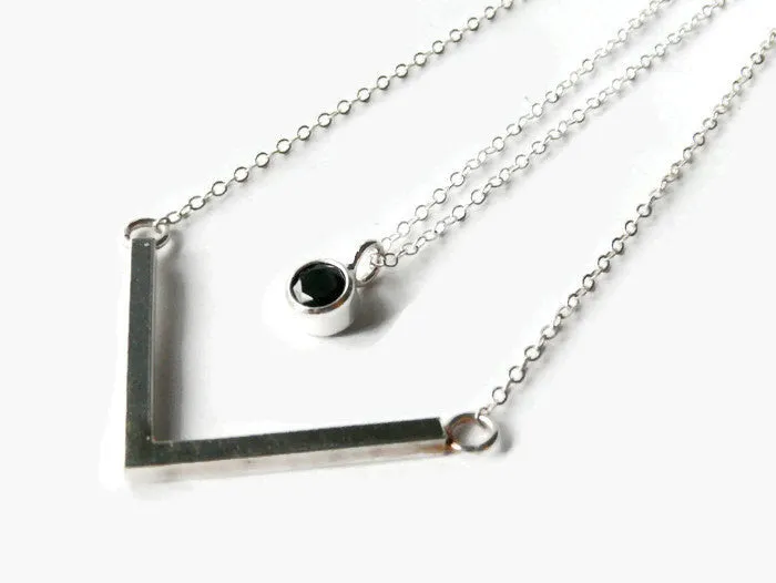 Long layered necklace Layering necklace set Sterling silver necklace double strand necklace layer necklace silver chevron necklace black CZ