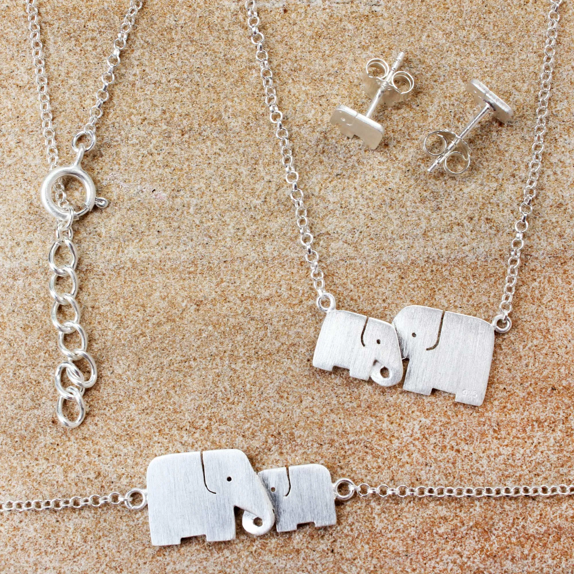 Lovely Elephants Sterling Silver Jewelry Set Elephants from Thailand