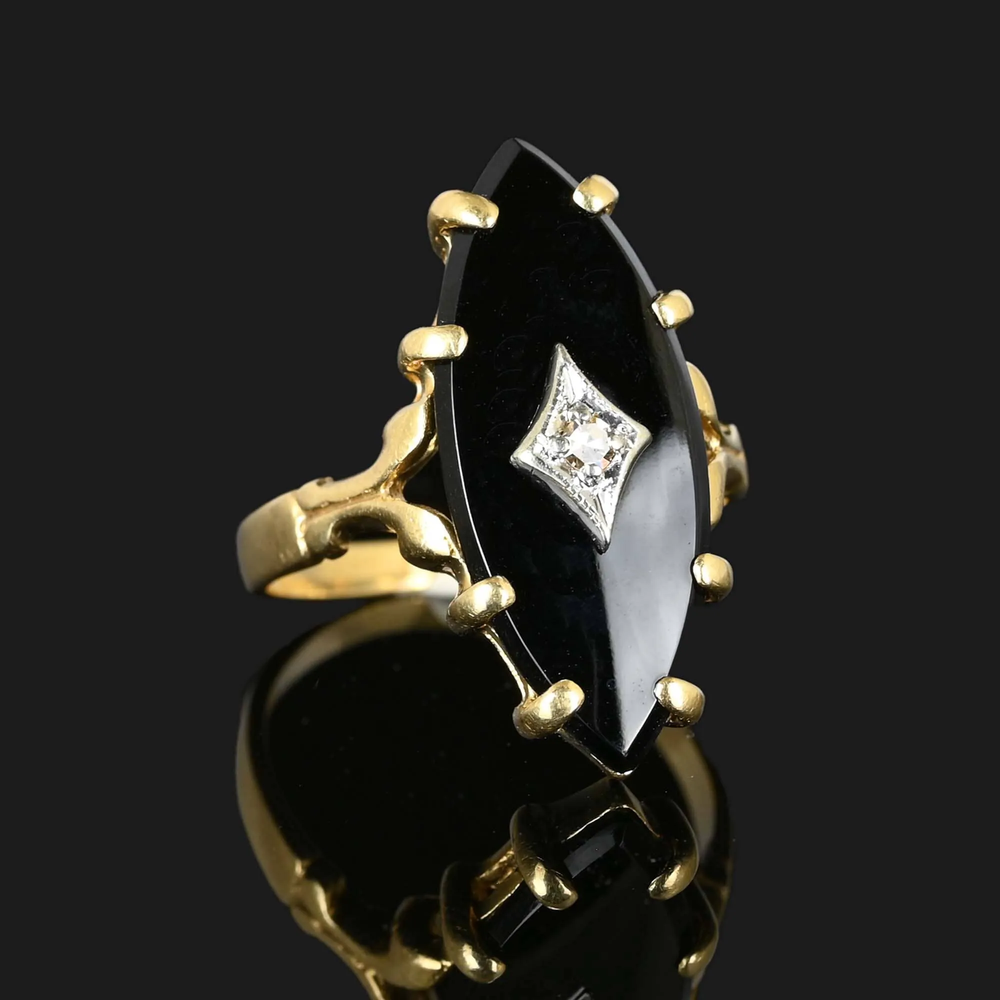 Marquise Black Onyx and Diamond Ring in 14K Gold