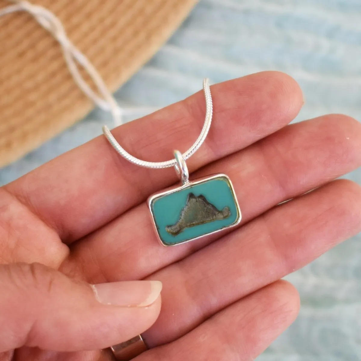 Martha's Vineyard Summer Sterling Silver Pendant Necklace with Turquoise Glass Tile