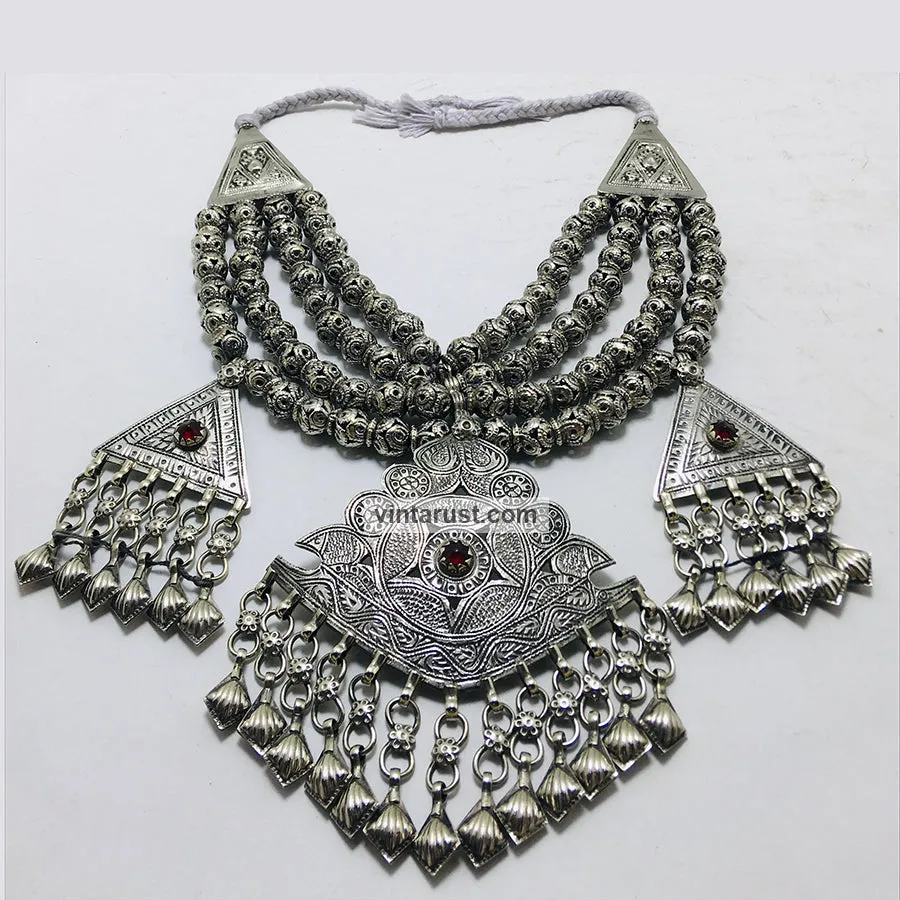 Metal Beaded Necklace With Dangling Pendants