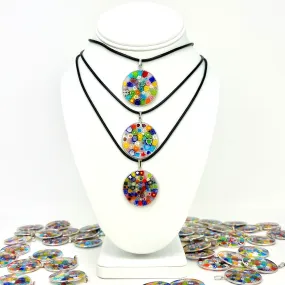 Millefiori Glass Round Disc Pendant Necklace, Multi Color, Silver