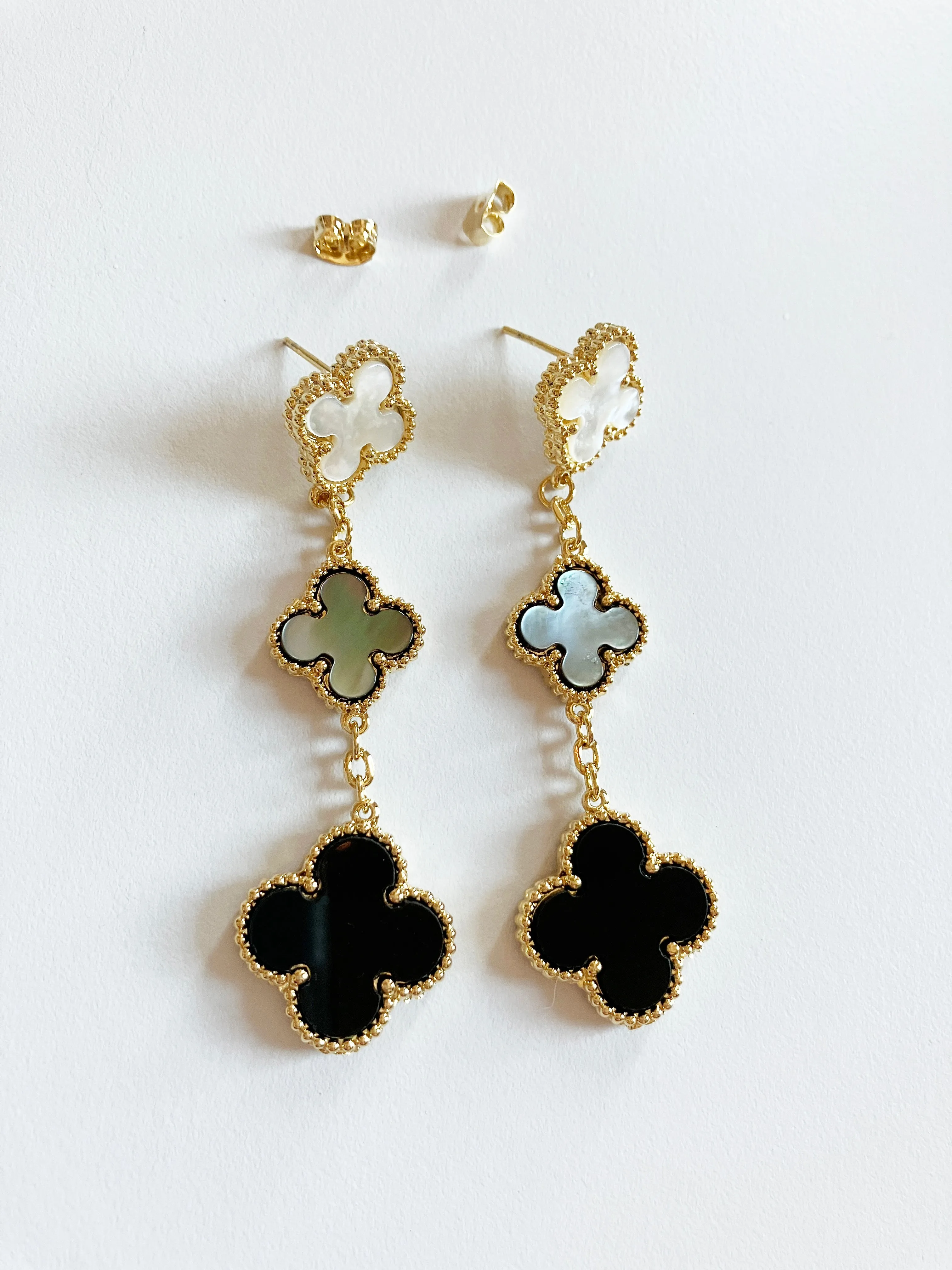 Mixed mother of Pearl and Onyx Triple-drop Earrings in Gold