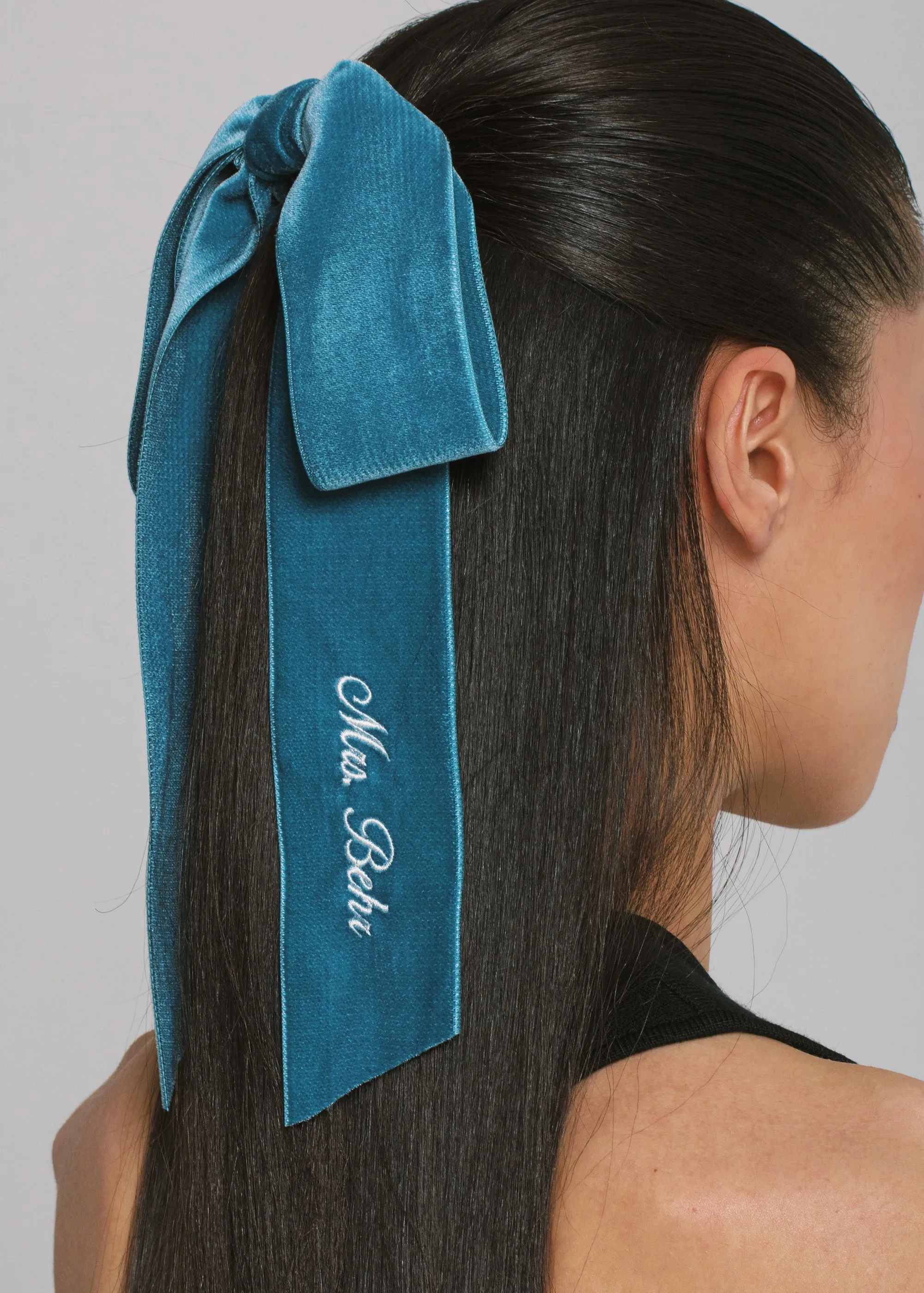 Monogram Adley Velvet Bow Barrette -- Azul