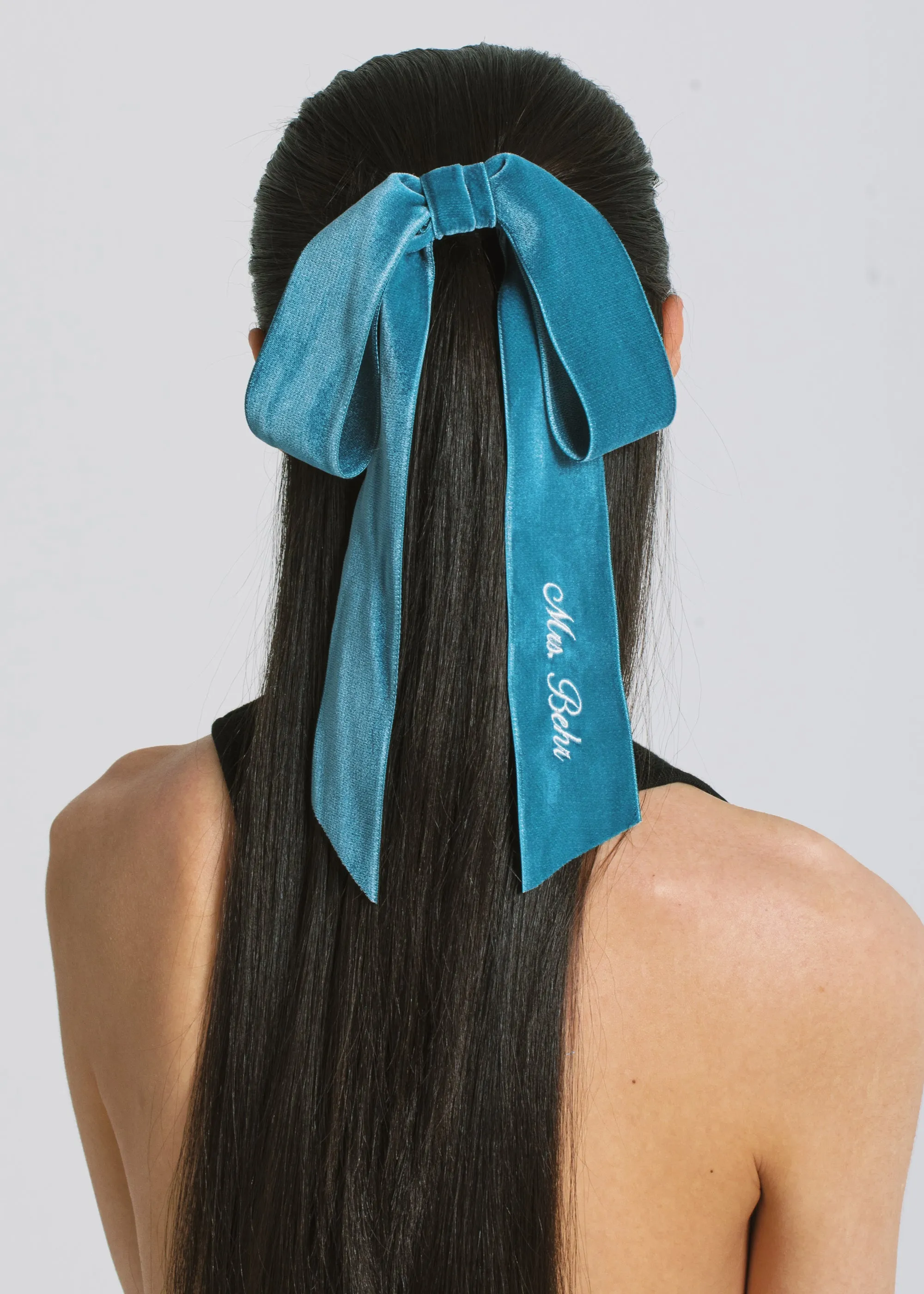 Monogram Adley Velvet Bow Barrette -- Azul