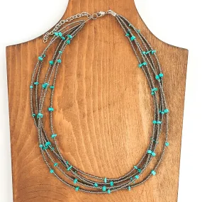 Multi Layered Seed Beaded Necklace with Stone Spacers in Silver