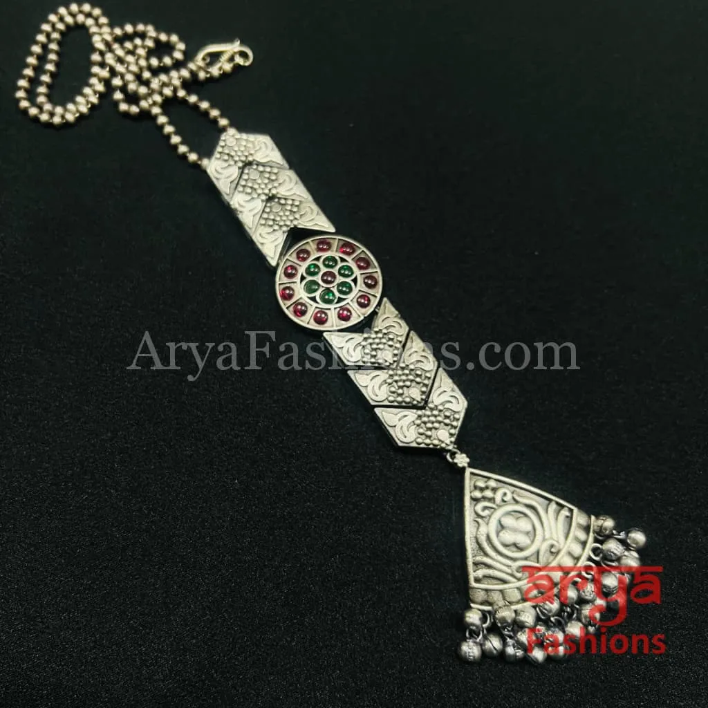 Multicolor Long Tie Oxidized Silver Pendant Necklace