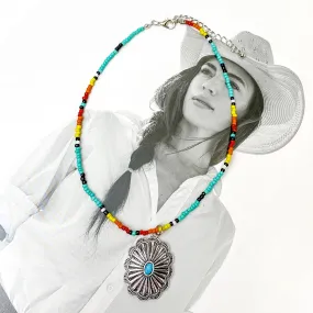 Multicolored Beaded Necklace With Silver Tone Designed Pendant