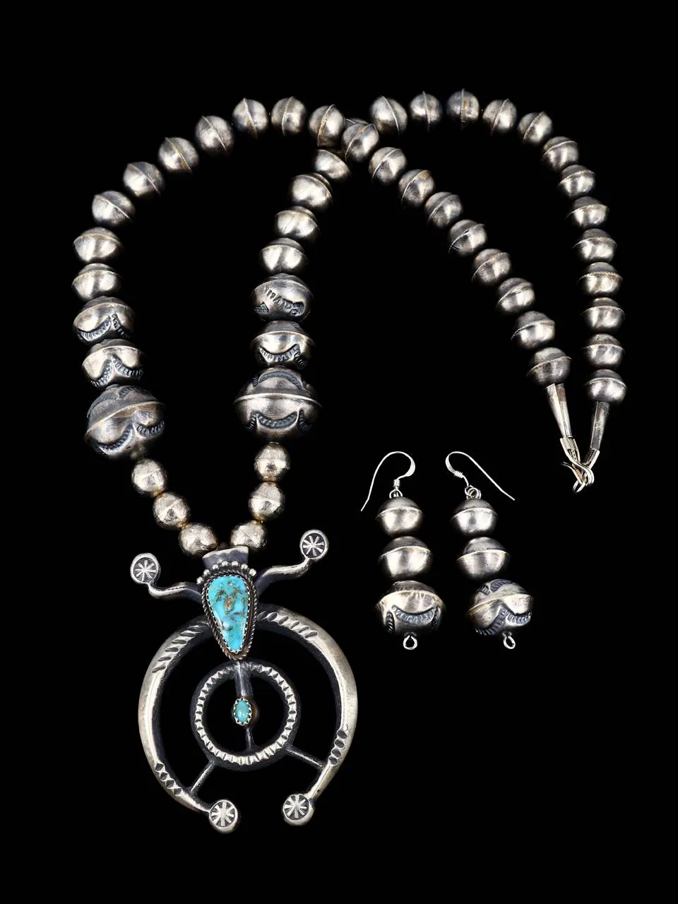 Native American Turquoise Sterling Silver Naja Necklace and Earring Set