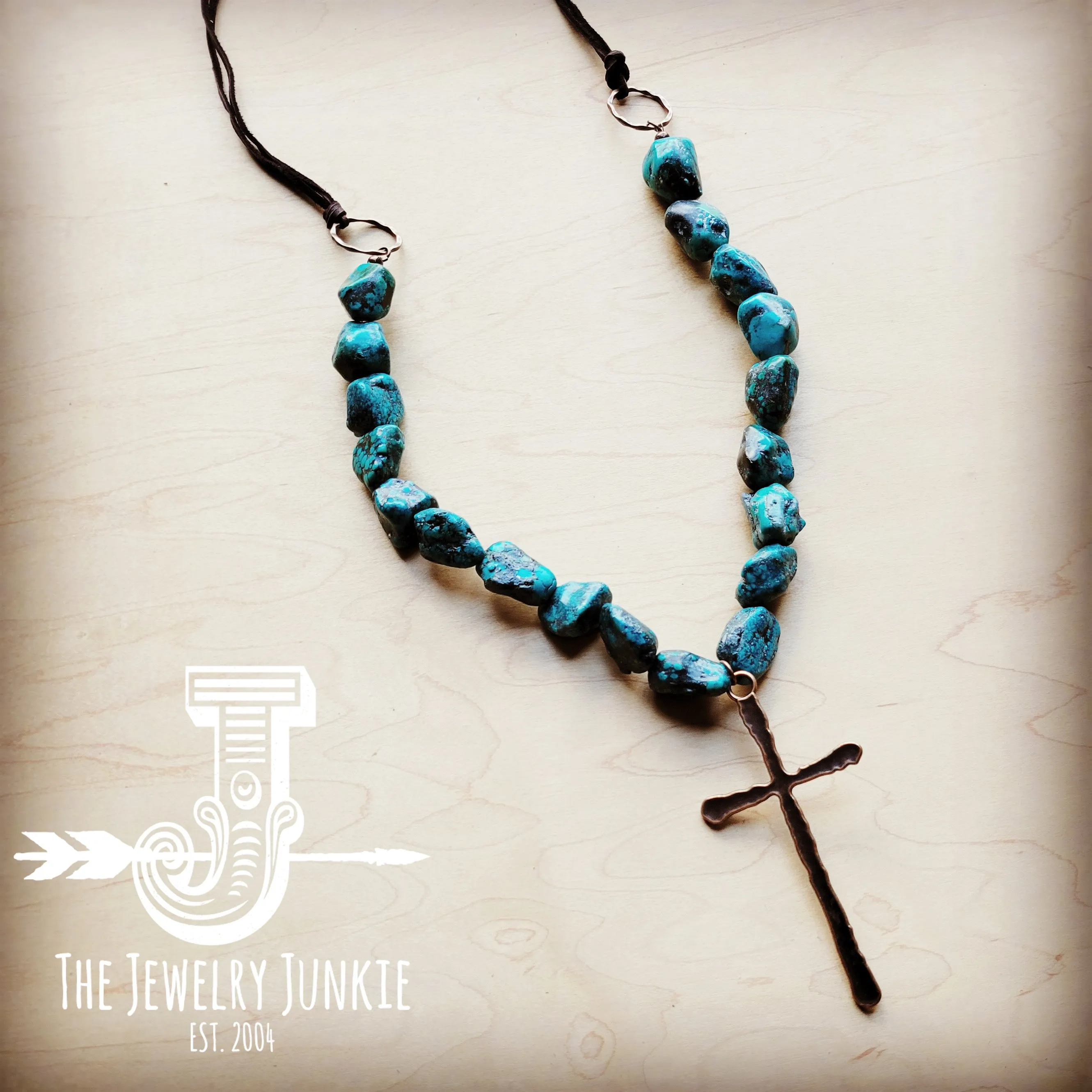 Natural Blue / green Turquoise Necklace with Large Copper CROSS Pendant 255x