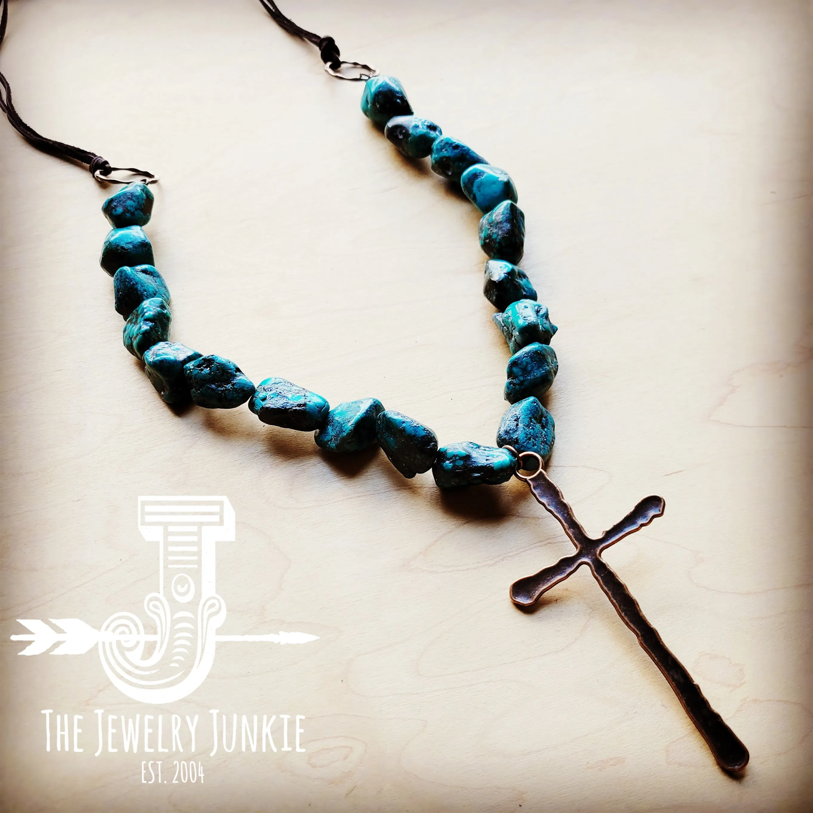 Natural Blue / green Turquoise Necklace with Large Copper CROSS Pendant 255x