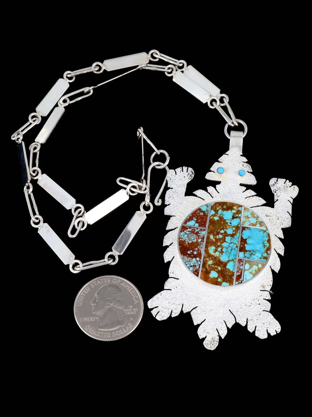 Navajo Inlay Turquoise Turtle Sterling Silver Necklace