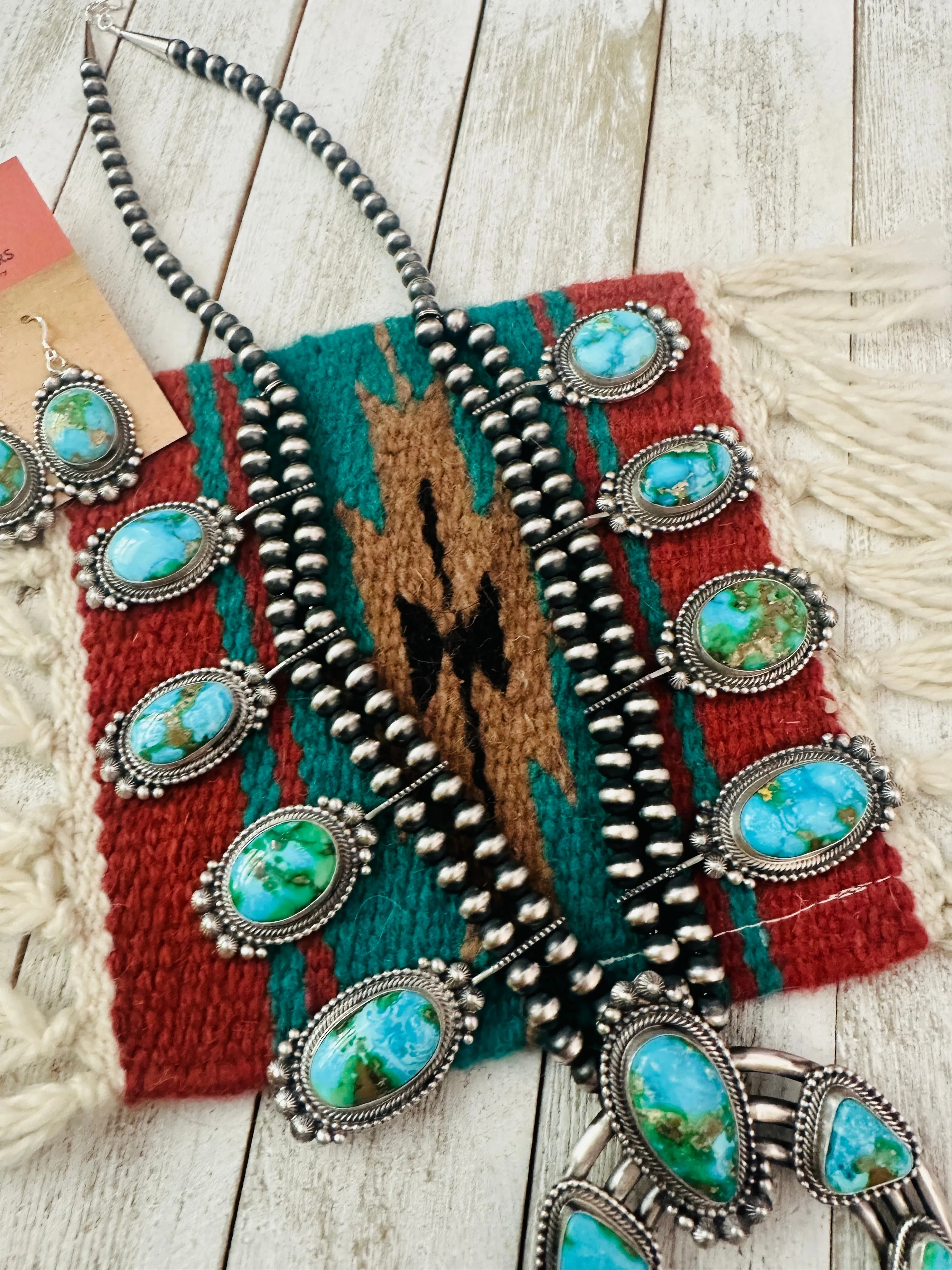 Navajo Sonoran Mountain Turquoise & Sterling Silver Squash Blossom Necklace Set