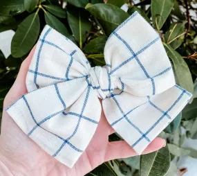 Navy Cream Plaid Fabric Hand Tied Bow Headband | Hair Clip