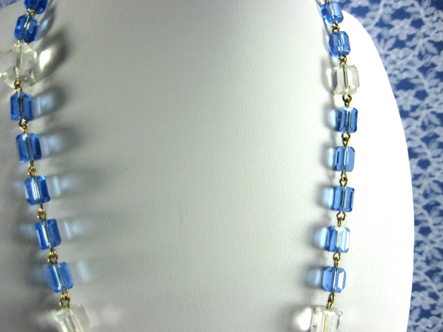 Necklace Art Deco Square Crystal Ice Cube Beads Blue Clear Beveled 1930s Czech