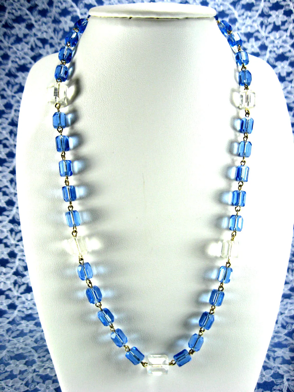 Necklace Art Deco Square Crystal Ice Cube Beads Blue Clear Beveled 1930s Czech