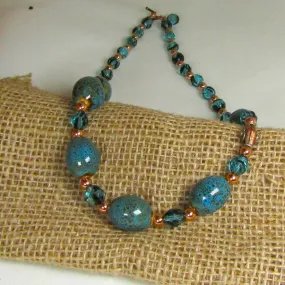 Necklace in Turquoise Ceramic Czech Crystal