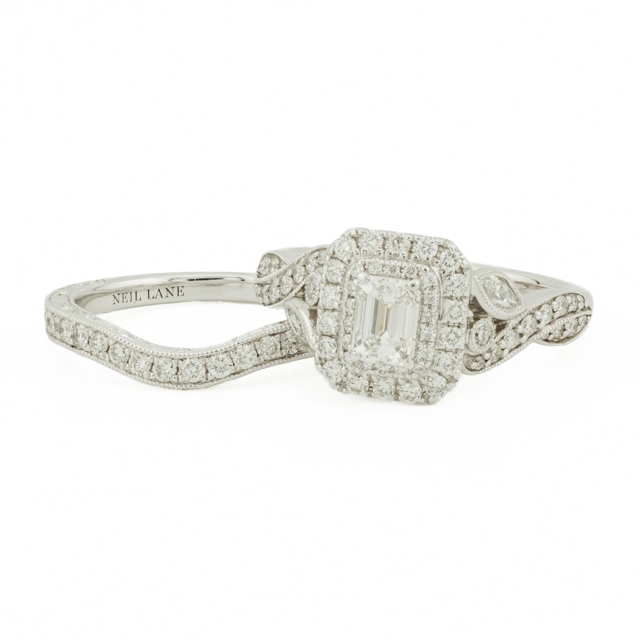 Neil Lane 0.45ctw Emerald Cut F/VS1 Diamond Double Halo Engagement & Matching Band Bridal Set -Size 6.5