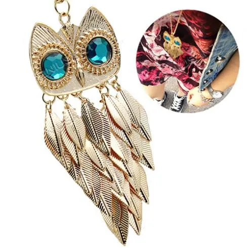 New Fashionable Stylish Gold Leaves Owl Charm Chain Long Women Pendant Necklace