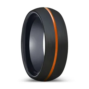 Nikos Domed Black Brushed Tungsten Ring w/ Thin Orange Groove - 6mm - 10mm