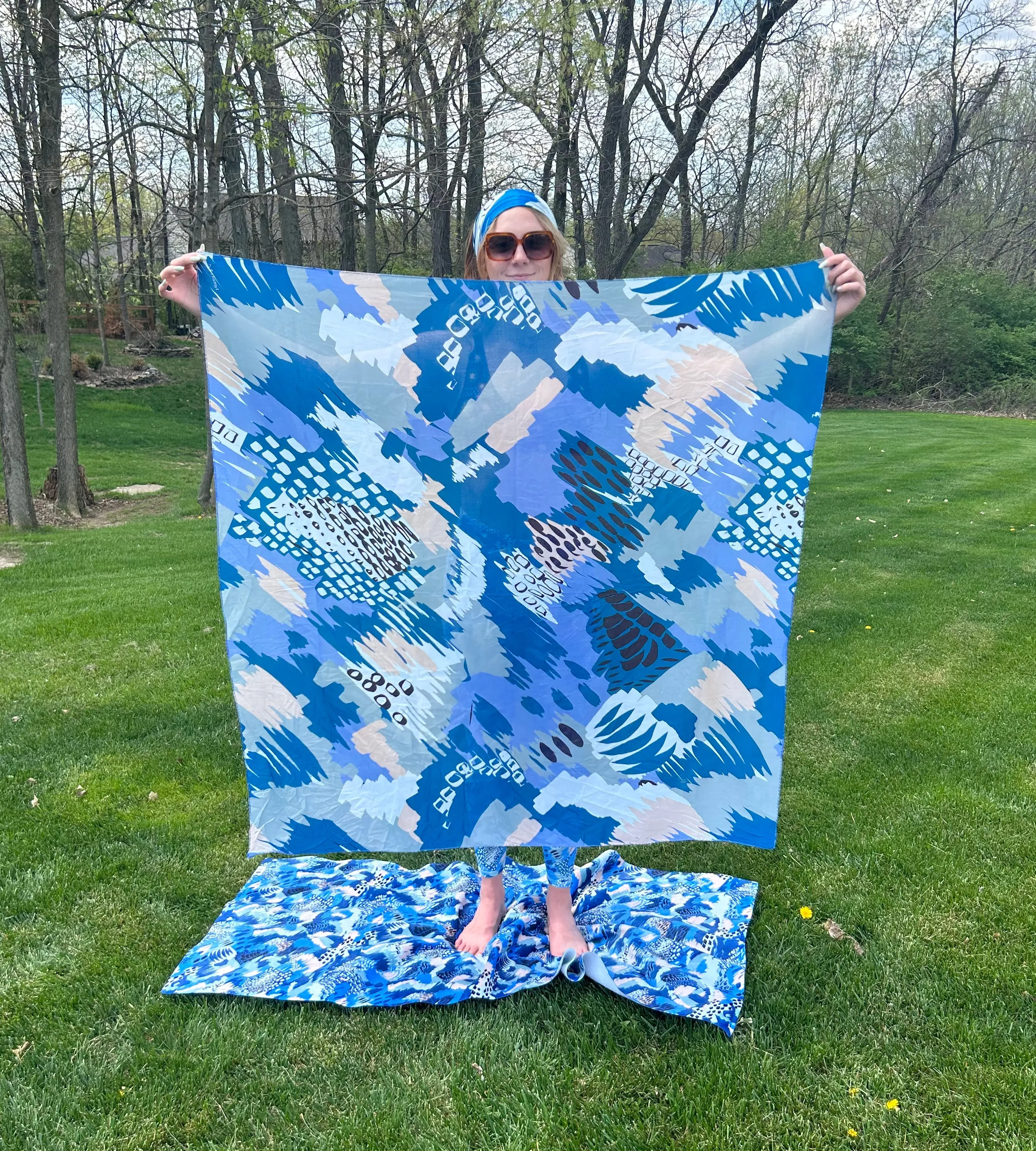 NYC Inspired Blue Abstract cotton scarf, 51x51", Running Stitch finsihed wdge