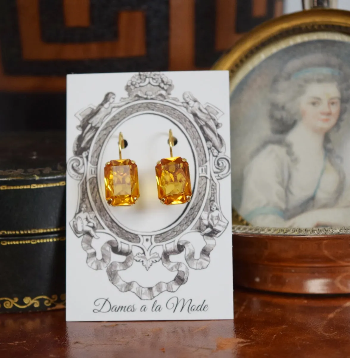 Orange Topaz Swarovski Earrings - Medium Octagon