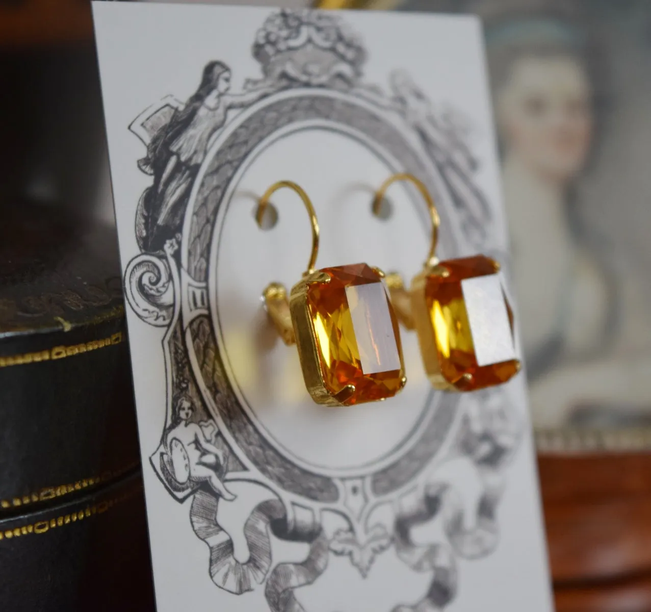 Orange Topaz Swarovski Earrings - Medium Octagon