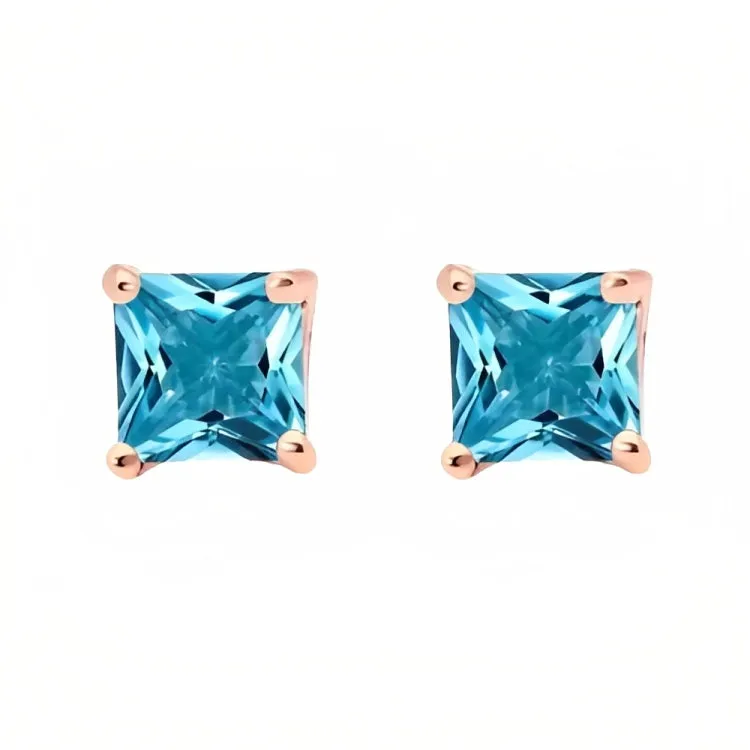 Paris Jewelry 18k Rose Gold 2 Pair Created Blue Topaz 4mm Round & Princess Cut Stud Earrings Plated