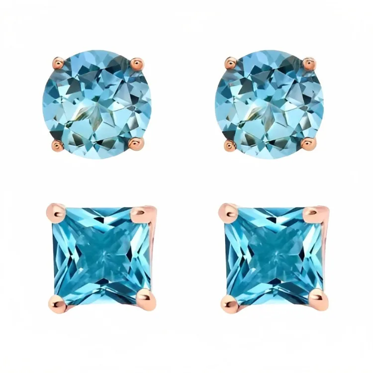 Paris Jewelry 18k Rose Gold 2 Pair Created Blue Topaz 4mm Round & Princess Cut Stud Earrings Plated