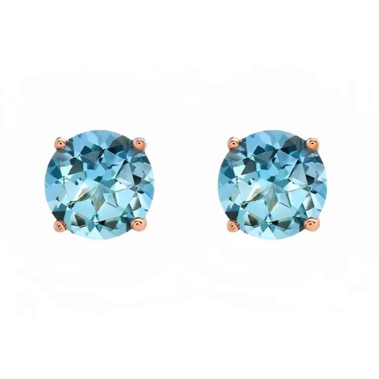 Paris Jewelry 18k Rose Gold 2 Pair Created Blue Topaz 4mm Round & Princess Cut Stud Earrings Plated