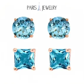 Paris Jewelry 18k Rose Gold 2 Pair Created Blue Topaz 4mm Round & Princess Cut Stud Earrings Plated