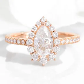 Pear Moissanite Diamond Ring in 14k Rose Gold Tiara Halo Pave Band, Size 6.5